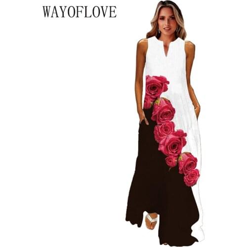 WAYOFLOVE New Red Rose Print Maxi Dress 2021 Casual Plus Size Sleeveless Long Dresses Summer Woman Girl Summer Beach Dress Women