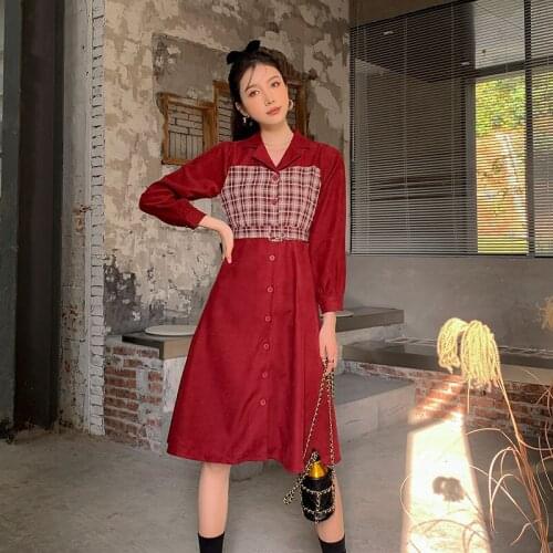 Red Dress Female 2021 New Temperament V-neck Plaid Patchwork Midi Dress Women