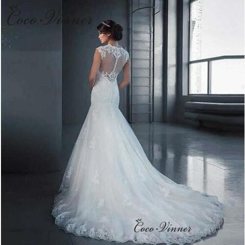 Vintage Embroidery See-through Neck Mermaid Wedding Dresses Button Backless Spanish Stylish Vestido De Novia Lace W0489