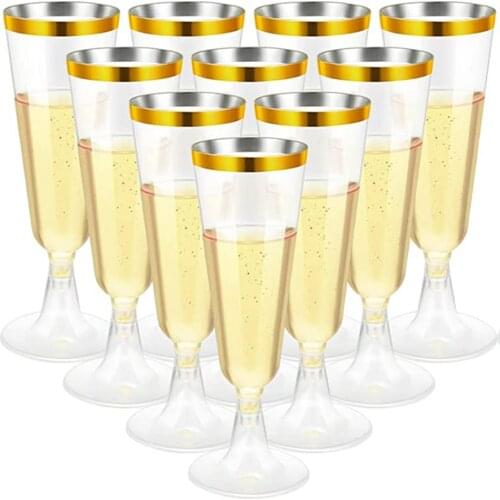 Plastic Gold Rimmed Champagne Flutes 5.5 oz. Clear Hard Disposable Party & Wedding Glass Premium Heavy Duty Fancy Cup-25pack