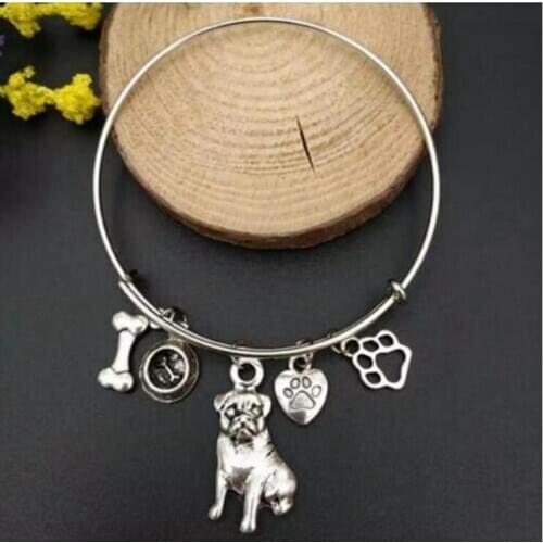 Stainless Steel Adjustable Wire Bangle French Bulldog Pug Dog bowl / dog bones / dog paw print DIY Charm Bracelet Jewelry