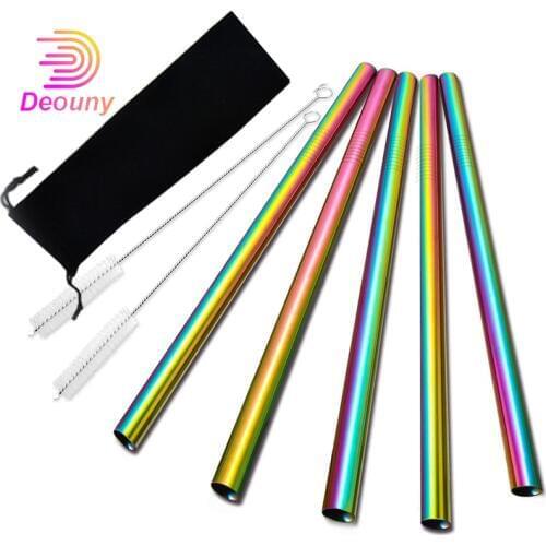 DEOUNY 5Pcs 10" Reusable Boba Angled Tips Stainless Steel Straws Drinking Pipes Of Metal For Bubble Tea Milkshakes Jumbo Cleaner