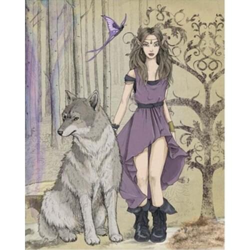 DIY Painting By Numbers Adults Maiden Purple Dress And Wolf Oil Acrylic Paint Art Figure Drawing 40x50 50x65cm Home Decor Gift