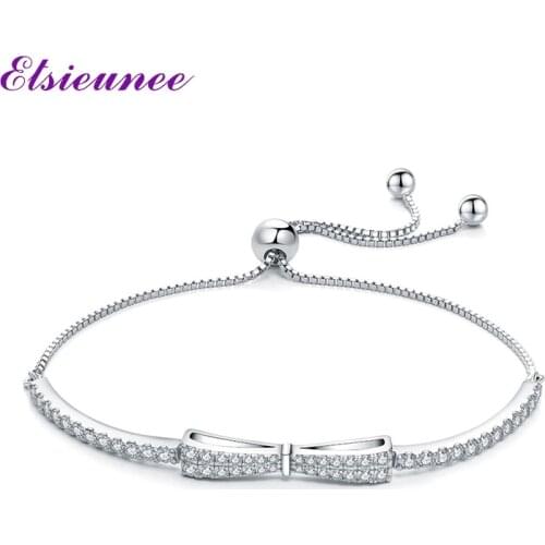 ELSIEUNEE 100% 925 Sterling Silver Bowknot Simulated Moissanite Diamond Gemstone Charm Bracelets Engagement Party Fine Jewelry