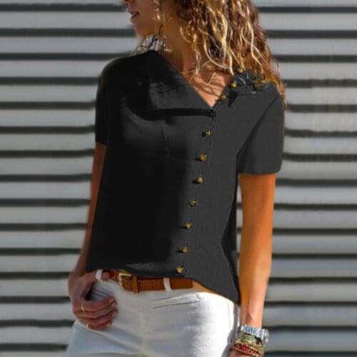 Summer Woman Tshirts Casual Short Sleeve Graphic Tees Solid Color Asymmetrical Neck Button Elegant Ladies Tops Vintage Clothes 5