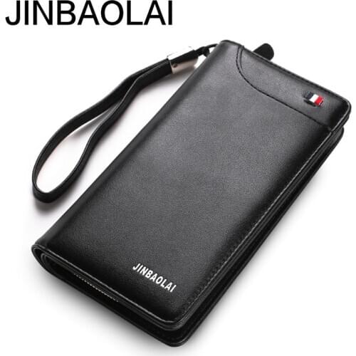 JINBAOLAI Leather Wallet Long Zipper Coin Pocket Clutch Multifunctional Mens Clutch New Clutch Men Card Holder Purse Black