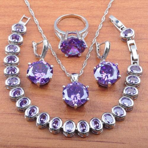 Dubai Jewelry Purple Crystal Silver Color Jewelry Sets For Women Wedding CZ Earrings And Necklace Bracelet Ring Sets JS0108