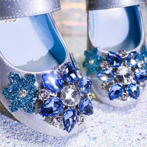 Princess Crystal Leather Shoe Snowflake Flower Elsa Flats Performance Shoes for Girls Banquet Halloween Christmas Party Shoes