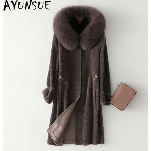 AYUNSUE 100% Sheep Shearling Womens Jacket Woman Real Fur Coat Female Natural Fox Fur Collar Hooded Long Wool Jackets Hiver 927