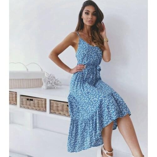 Summer Dresses Backless Slip Casual Ladies Holiday Floral Ruffle Women Clothing Blue Long Dresses 2021 Spaghetti Strap Dress