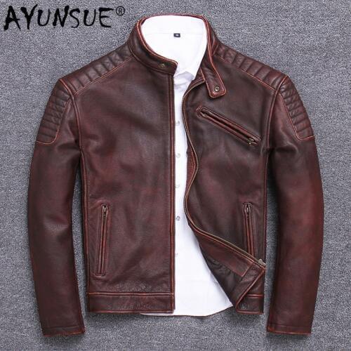 Motorcycle Genuine Leather Jacket Men Vintage Real Cow Leather Coat Spring Autumn Outerwear Veste Cuir Homme U-1806 KJ3212