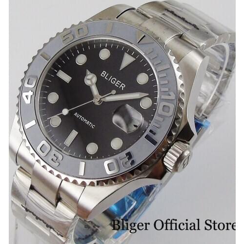 BLIGER Black 43mm Automatic Men Watch 24 Jewels NH35 MIYOTA 8215 Date Brushed Oyster Strap Grey Insert