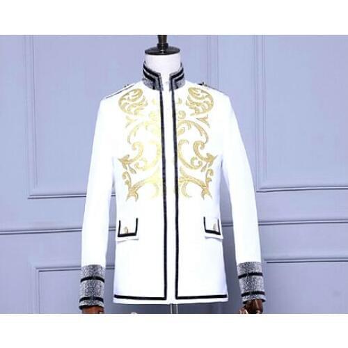 Mens embroidery golden stand collar glitter grey sleeve white tuxedo jacket/stage performance, only jacket/pls see size chart