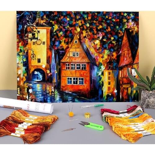 Germany - Medieval Rothenburg Printed Fabric 11CT Cross Stitch Complete Kit DIY Embroidery DMC Threads Handiwork Decor