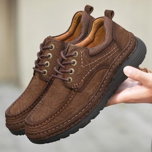 Handmade Genuine Leather Shoes Autumn Winter Men Shoes Vintage Style Casual Men Shoes Lace-Up Ankle Hiking Shoes