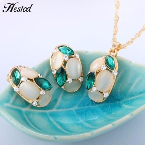 Oval Design Clear Green Blue Crystal Pendent Necklace Earring Set Natural Cats Eye Stone Gold Color Jewelry Sets For Women