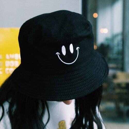 Black White Smile Bucket Hat for Women Summer Sun Visor Hat Bob Mens Panama Cap Outdoor Casual Travel Fisherman Fishing Hat