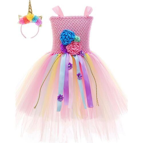 Pastel Flower Unicorn Dress Cute Tulle Princess Girls Tutu Dress Kids Birthday Party Dresses for Girls Halloween Unicorn Costume