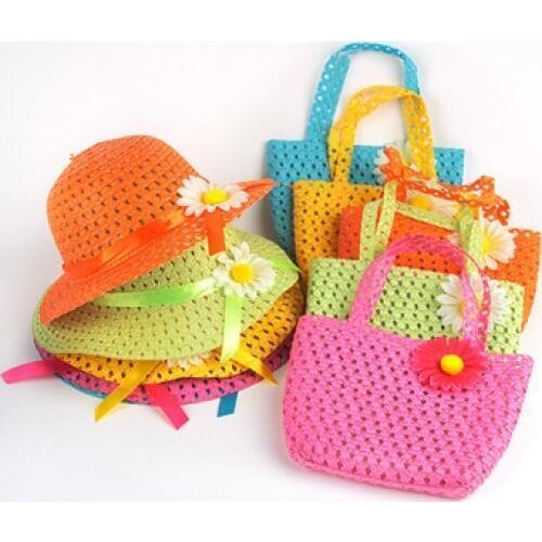 Girls Kids Beach Hats Bags Flower Straw Hat Cap Tote Handbag Bag Suit Children Summer Sun Hat 54CM For 3-7 years