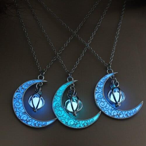 Silver Plated Womens Pendant Halloween Shiny Moon Necklace Gem Charm Jewelry Hollow Luminous Stone Pendant Necklace Gifts