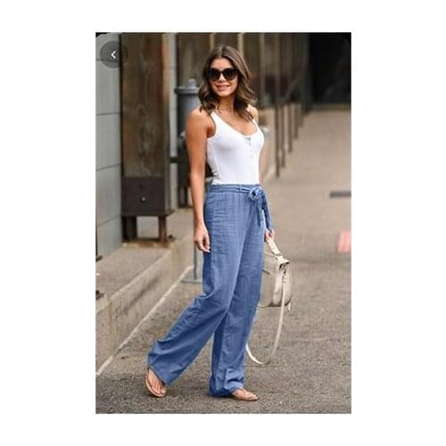Waist Fitted Belt Detailed Blue Linen Pants