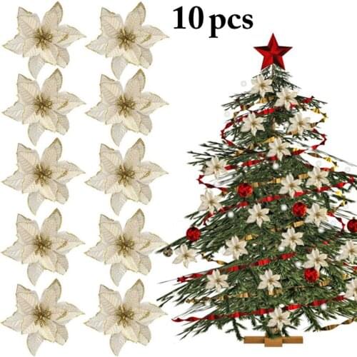 10 Pcs Christmas Flower Decorative Creative Glitter Artificial Fake Flower Xmas Tree Ornament Christmas Tree Toppers Decor Sets