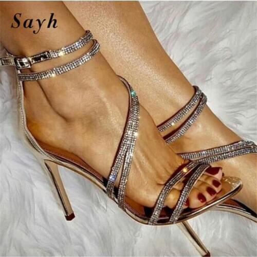 Women Bling Crystal Rhinestone Pumps Ankle Strap Stilettos Snake-Shaped Shiny Roman Sandals Party Wedding Bride Dress Shoes