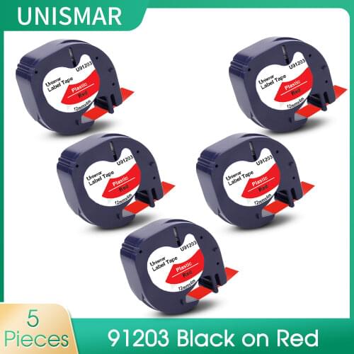 Unismar 5PK 12mm*4m for Dymo Letratag Plastic Label Tape 91203 for DYMO LT LT-100H LT-100T QX50 XR XM 2000 Printer Black on Red