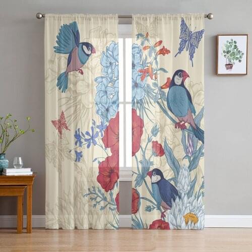 Vintage Flowers Bird Butterfly Tulle Window Treatment Sheer Curtains for Kitchen Living Room the Bedroom Curtains Decoration