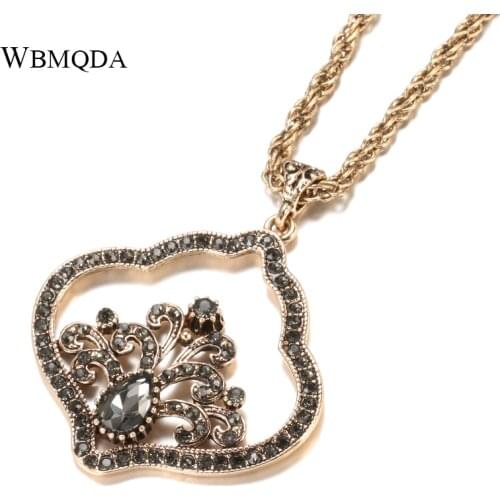Wbmqda Hot Women Gray Crystal Flower Necklace Antique Gold Color Ethnic Wedding Big Necklace Statement Vintage Jewelry