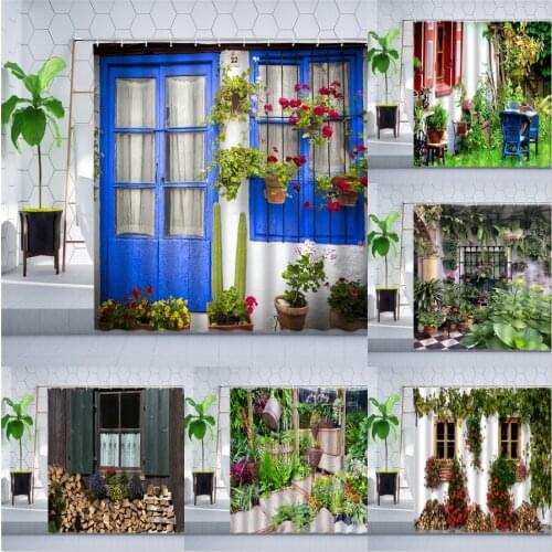 Plant Flowers Window Shower Curtain Courtyard Green Leaf Garden Design Wall Decor Bathroom Polyester Cloth Hanging Curtains Sets