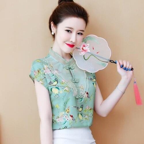 Chiffon shirt women 2021 spring and summer fashion new stand-up collar retro short-sleeved shirt temperament ethnic style shirt
