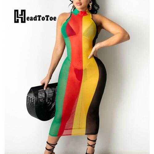 Striped Colorblock Print Sexy Club Dresses for Women Sleeveless Round Neck Mid-calf Perspective High Waist Dress Women