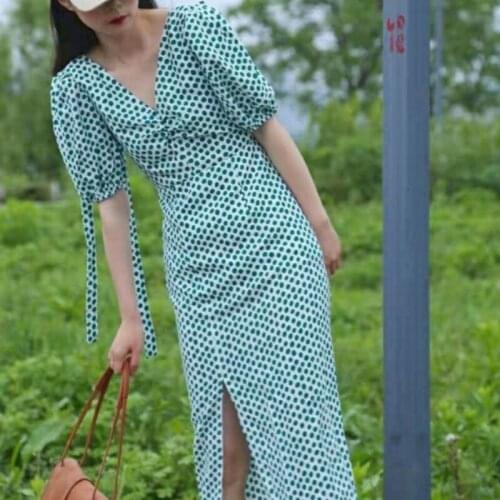 Women Chiffon Korean Print Elegant Dress Summer Green Split Dresses Female Short Sleeve Backless Beach Sweet Midi Dress 2021