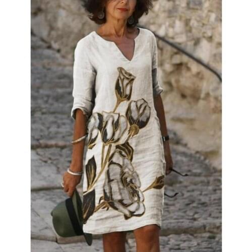 2021 New Women Printing Dress Summer V-Neck Half Sleeve A-Line Dresses Female Retro litera Vintage Loose Dress Vestidos