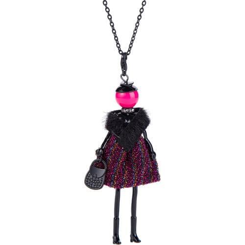 Winter Fur and Leather Doll Necklace Dress Handmade French Doll Pendant 2018 News Alloy Girl Women Flower Fashion Jewelry