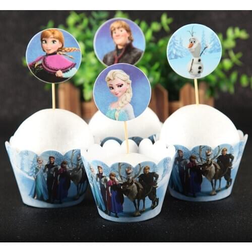 24pcs/lot Frozen princess 12pcs Cake Topper Wrappers Girls Happy Birthday Party paper cake tool decor supplies party favors