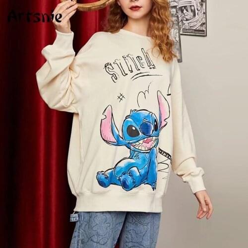 Artsnie Disney Cartoon Print Sweatshirt Women Autumn 2021 O Neck Long Sleeve Beige Oversized Hoodies Streetwear Sweatshirts