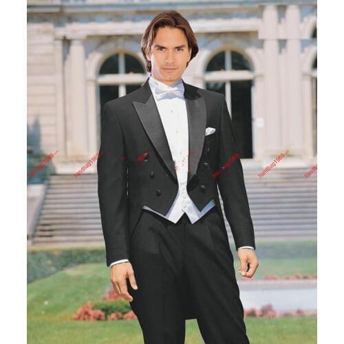 Free shipping Custom suit Black Tailcoat Groom Tuxedos groomsman Suit wedding mens suits (Jacket+Pants+Vest