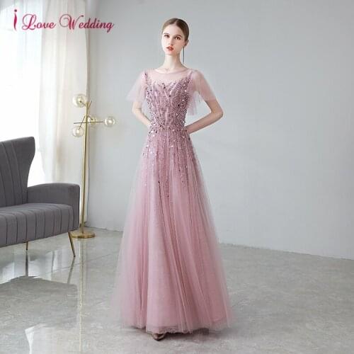 Elegant Pink Evening Dresses Short Tulle Sleeves Beading Sequined Illusion Back Birthday Party Gowns robe de soirée de mariage