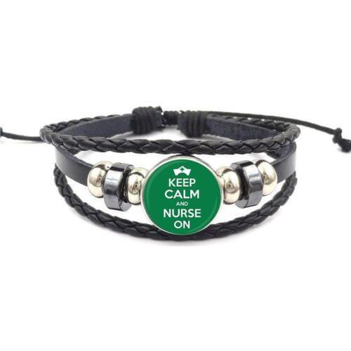 EJ Glaze Nurse Call The Shots New Brand Jewelry With Glass Caochon Black Leather Bracelet Bangle For Girls