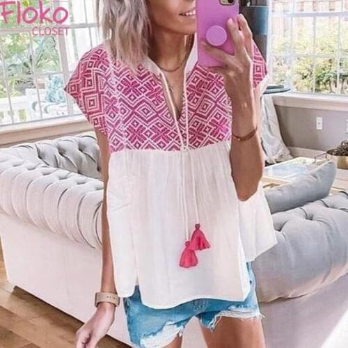 Flokocloset Bohemian Print V-Neck Loose Pleat T-Shirts Summer Short Sleeve Vintage Tassel Women Clothes