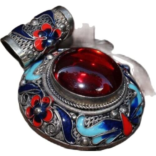 China Old Tibetan Silver Zircon Cloisonne Inlaid Pendant