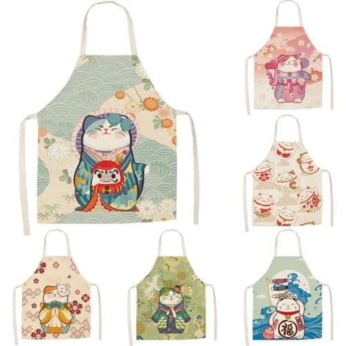 Cute Cat Cleaning Pinafore Home Cooking Apron Flax Adult Children Japanese Ukiyo-e Printed Apron For Women Bibs Kitchen Supplies