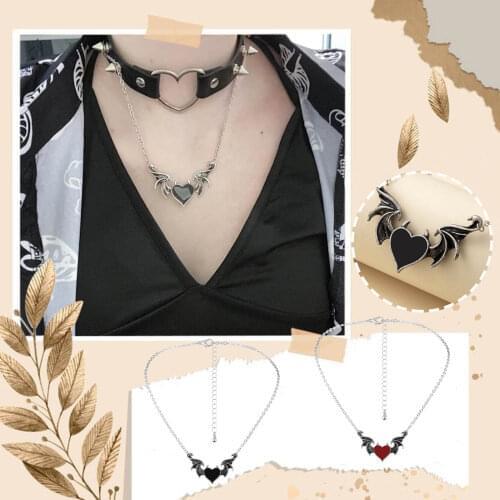 Creative Devil Heart Pendant Necklace For Women Punk Style Drop Nectarine Heart Demon Wing Pendant Necklace Jewelry #WT