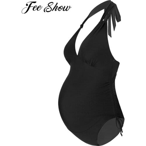 Summer Womens Maternity Swimsuits One Piece V-Neck Pregnancy Swimwear Halter Monokini Swimming Outfit Bathing Suit Beachwear