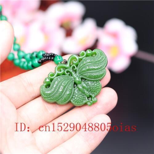 Natural Green Chinese Jade Butterfly Pendant Beads Necklace Fashion Charm Jadeite Jewelry Carved Amulet Gifts for Women Men