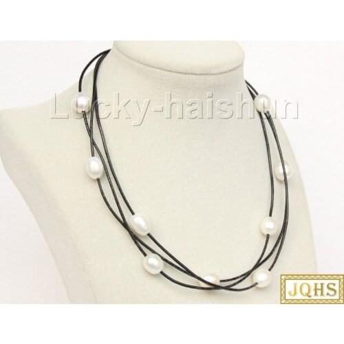 Adjustable 3row Multicolor White Freshwater Pearls Black Leather Necklace 18KGP Clasp J9932