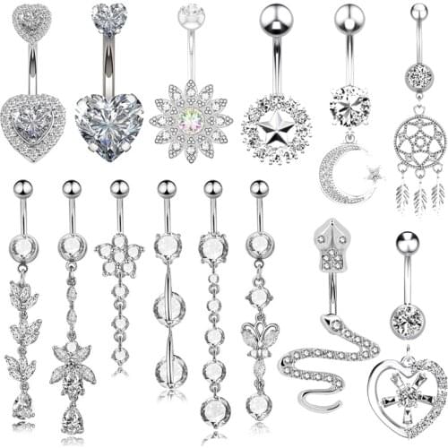 1pc Sexy Belly Button Ring Surgical Steel Navel Piercing Set Zircon Dangling Long Belly Bar Stud for Woman Body Jewelry 14G Gift