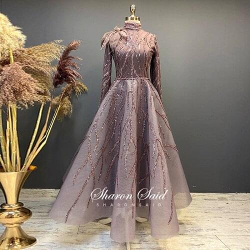 Luxury Purple Long Sleeve Muslim Evening Dress for Women Wedding Party Gowns Midi Ankle Length Arabic Short Formal Prom Dress